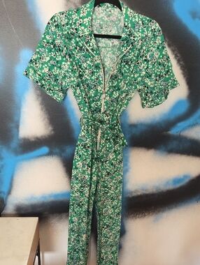 Women’s Green Floral Jumpsuit with Tie Waist Small